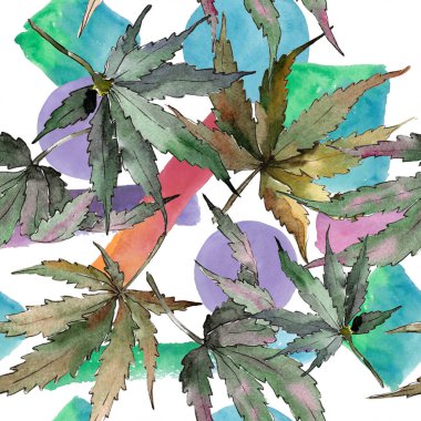 Sulu boya yeşil esrar bırakır. Yaprak bitki botanik bahçe çiçek yaprakları. Sorunsuz arka plan deseni. Kumaş duvar kağıdı yazdırma doku. Aquarelle yaprak için arka plan, doku, sarıcı desen.