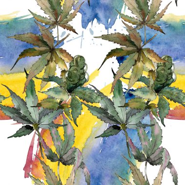 Sulu boya yeşil esrar bırakır. Yaprak bitki botanik bahçe çiçek yaprakları. Sorunsuz arka plan deseni. Kumaş duvar kağıdı yazdırma doku. Aquarelle yaprak için arka plan, doku, sarıcı desen.