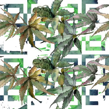 Sulu boya yeşil esrar bırakır. Yaprak bitki botanik bahçe çiçek yaprakları. Sorunsuz arka plan deseni. Kumaş duvar kağıdı yazdırma doku. Aquarelle yaprak için arka plan, doku, sarıcı desen.