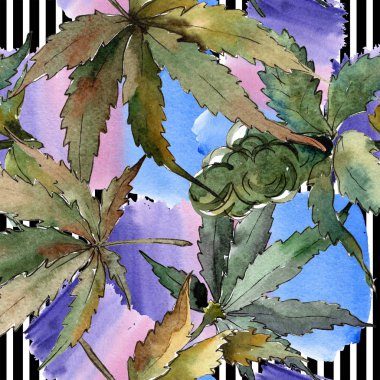 Sulu boya yeşil esrar bırakır. Yaprak bitki botanik bahçe çiçek yaprakları. Sorunsuz arka plan deseni. Kumaş duvar kağıdı yazdırma doku. Aquarelle yaprak için arka plan, doku, sarıcı desen.