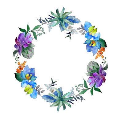 Suluboya mavi ve mor çiçekler. Botanik çiçek. İzole illüstrasyon öğesi. Arka plan, doku, sarıcı desen, çerçeve veya kenarlık için Aquarelle kır çiçeği.
