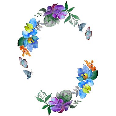 Suluboya mavi ve mor çiçekler. Botanik çiçek. İzole illüstrasyon öğesi. Arka plan, doku, sarıcı desen, çerçeve veya kenarlık için Aquarelle kır çiçeği.