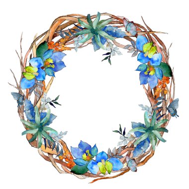 Suluboya mavi ve mor çiçekler. Botanik çiçek. İzole illüstrasyon öğesi. Arka plan, doku, sarıcı desen, çerçeve veya kenarlık için Aquarelle kır çiçeği.