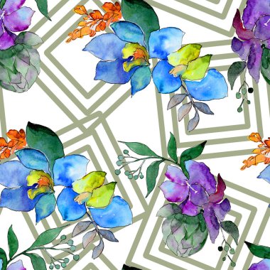 Suluboya mavi ve mor çiçekler. Botanik çiçek. İzole illüstrasyon öğesi. Arka plan, doku, sarıcı desen, çerçeve veya kenarlık için Aquarelle kır çiçeği.