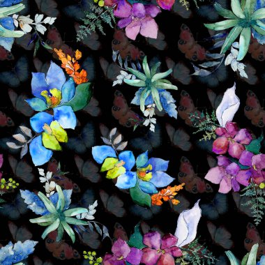 Suluboya mavi ve mor çiçekler. Botanik çiçek. İzole illüstrasyon öğesi. Arka plan, doku, sarıcı desen, çerçeve veya kenarlık için Aquarelle kır çiçeği.