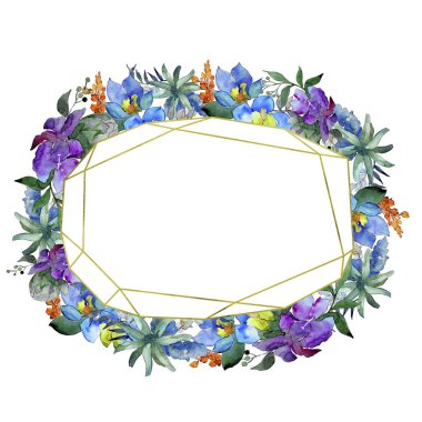 Suluboya mavi ve mor çiçekler. Botanik çiçek. İzole illüstrasyon öğesi. Arka plan, doku, sarıcı desen, çerçeve veya kenarlık için Aquarelle kır çiçeği.