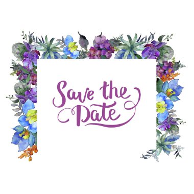 Suluboya mavi ve mor çiçekler. Botanik çiçek. İzole illüstrasyon öğesi. Arka plan, doku, sarıcı desen, çerçeve veya kenarlık için Aquarelle kır çiçeği.