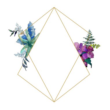 Suluboya mavi ve mor çiçekler. Botanik çiçek. İzole illüstrasyon öğesi. Arka plan, doku, sarıcı desen, çerçeve veya kenarlık için Aquarelle kır çiçeği.