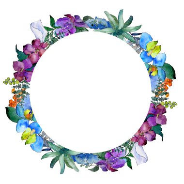 Suluboya mavi ve mor çiçekler. Botanik çiçek. İzole illüstrasyon öğesi. Arka plan, doku, sarıcı desen, çerçeve veya kenarlık için Aquarelle kır çiçeği.