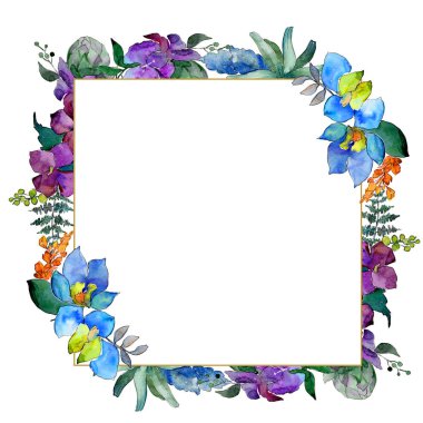 Suluboya mavi ve mor çiçekler. Botanik çiçek. İzole illüstrasyon öğesi. Arka plan, doku, sarıcı desen, çerçeve veya kenarlık için Aquarelle kır çiçeği.