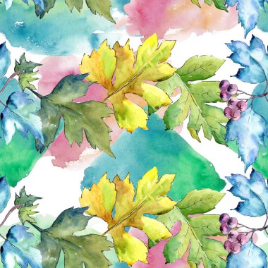 Suluboya alıç renkli yaprakları. Yaprak bitki botanik bahçe çiçek yaprakları. Sorunsuz arka plan deseni. Kumaş duvar kağıdı yazdırma doku. Aquarelle yaprak için arka plan, doku, sarıcı desen.