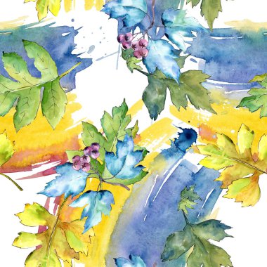 Suluboya alıç renkli yaprakları. Yaprak bitki botanik bahçe çiçek yaprakları. Sorunsuz arka plan deseni. Kumaş duvar kağıdı yazdırma doku. Aquarelle yaprak için arka plan, doku, sarıcı desen.