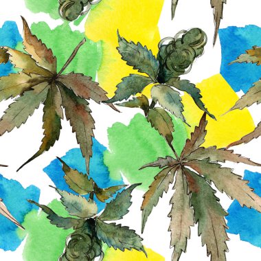 Sulu boya yeşil esrar bırakır. Yaprak bitki botanik bahçe çiçek yaprakları. Sorunsuz arka plan deseni. Kumaş duvar kağıdı yazdırma doku. Aquarelle yaprak için arka plan, doku, sarıcı desen.