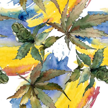 Sulu boya yeşil esrar bırakır. Yaprak bitki botanik bahçe çiçek yaprakları. Sorunsuz arka plan deseni. Kumaş duvar kağıdı yazdırma doku. Aquarelle yaprak için arka plan, doku, sarıcı desen.