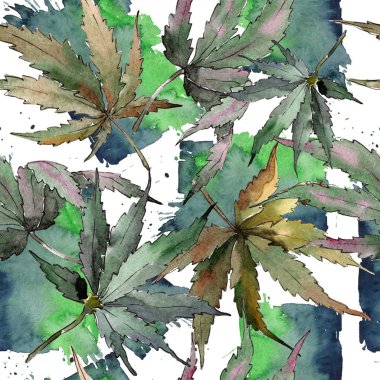 Sulu boya yeşil esrar bırakır. Yaprak bitki botanik bahçe çiçek yaprakları. Sorunsuz arka plan deseni. Kumaş duvar kağıdı yazdırma doku. Aquarelle yaprak için arka plan, doku, sarıcı desen.