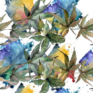 Sulu boya yeşil esrar bırakır. Yaprak bitki botanik bahçe çiçek yaprakları. Sorunsuz arka plan deseni. Kumaş duvar kağıdı yazdırma doku. Aquarelle yaprak için arka plan, doku, sarıcı desen.