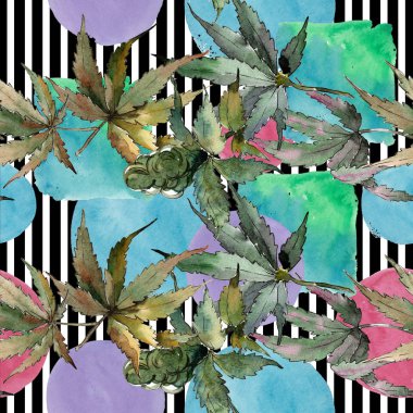 Sulu boya yeşil esrar bırakır. Yaprak bitki botanik bahçe çiçek yaprakları. Sorunsuz arka plan deseni. Kumaş duvar kağıdı yazdırma doku. Aquarelle yaprak için arka plan, doku, sarıcı desen.