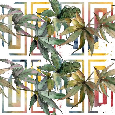 Sulu boya yeşil esrar bırakır. Yaprak bitki botanik bahçe çiçek yaprakları. Sorunsuz arka plan deseni. Kumaş duvar kağıdı yazdırma doku. Aquarelle yaprak için arka plan, doku, sarıcı desen.