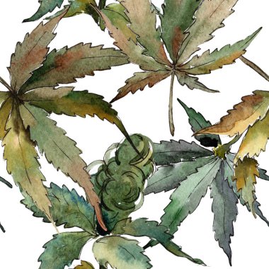 Sulu boya yeşil esrar bırakır. Yaprak bitki botanik bahçe çiçek yaprakları. Sorunsuz arka plan deseni. Kumaş duvar kağıdı yazdırma doku. Aquarelle yaprak için arka plan, doku, sarıcı desen.