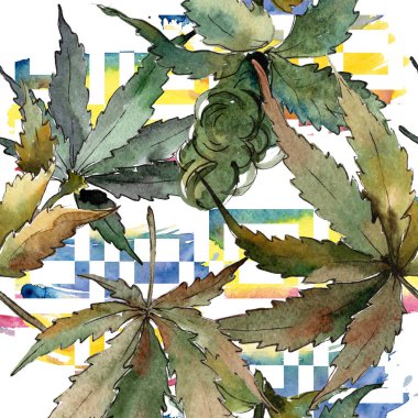 Sulu boya yeşil esrar bırakır. Yaprak bitki botanik bahçe çiçek yaprakları. Sorunsuz arka plan deseni. Kumaş duvar kağıdı yazdırma doku. Aquarelle yaprak için arka plan, doku, sarıcı desen.