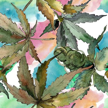 Sulu boya yeşil esrar bırakır. Yaprak bitki botanik bahçe çiçek yaprakları. Sorunsuz arka plan deseni. Kumaş duvar kağıdı yazdırma doku. Aquarelle yaprak için arka plan, doku, sarıcı desen.