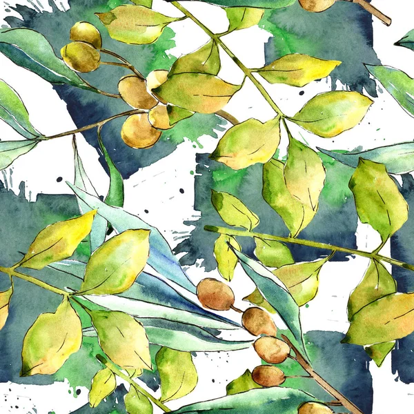 Suluboya iğde yeşil yaprakları. Yaprak bitki botanik bahçe çiçek yaprakları. Sorunsuz arka plan deseni. Kumaş duvar kağıdı yazdırma doku. Aquarelle yaprak için arka plan, doku, sarıcı desen.