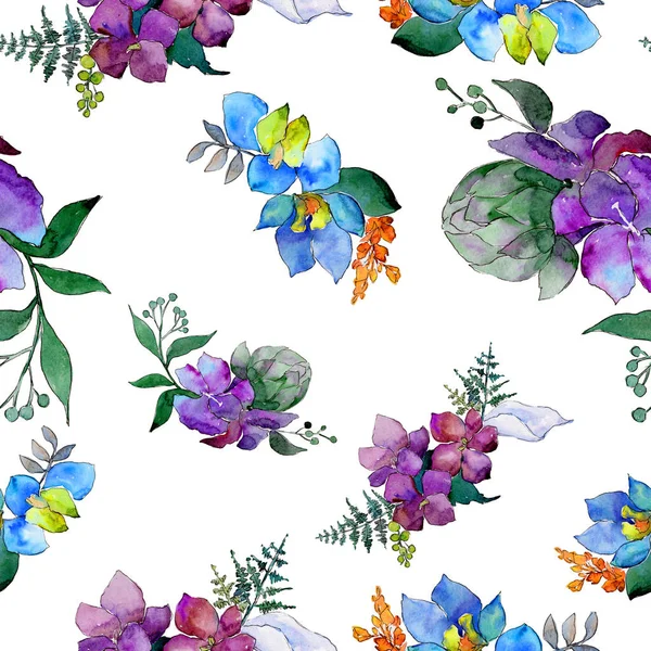 Vattenfärg Blå Och Lila Blommor Blommig Botaniska Blomma Isolerade Illustration — Stockfoto