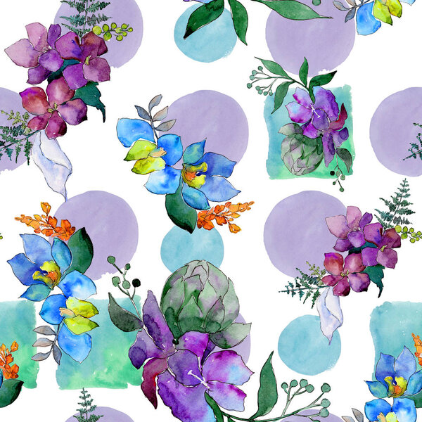 Watercolor blue and purple flowers. Floral botanical flower. Isolated illustration element. Aquarelle wildflower for background, texture, wrapper pattern, frame or border.