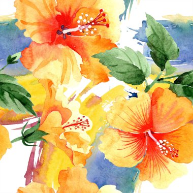 Sulu boya turuncu naranja hibiscus çiçek. Botanik çiçek. Sorunsuz arka plan deseni. Kumaş duvar kağıdı yazdırma doku. Arka plan, doku, sarıcı desen Aquarelle kır çiçeği.