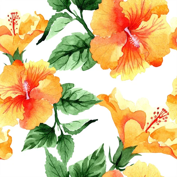 水彩オレンジ ナランハ ハイビスカスの花 花植物の花 シームレスな背景パターン 壁紙印刷手触りの生地 テクスチャ ラッパー パターン Aquarelle — ストック写真