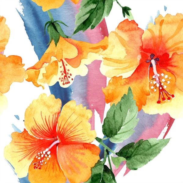 水彩橙 Naranja 芙蓉花 花卉植物花 无缝的背景图案 织物墙纸打印纹理 水彩画野花为背景 包装图案 — 图库照片