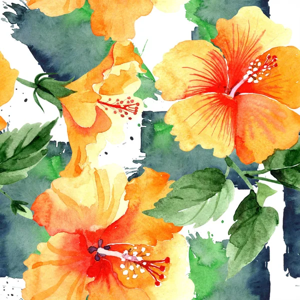 Watercolor Orange Naranja Hibiscus Flowers Floral Botanical Flower Seamless Background — Stock Photo, Image