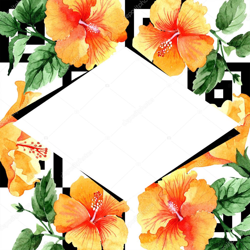 Watercolor orange naranja hibiscus flowers. Floral botanical flower. Frame border ornament square. Aquarelle wildflower for background, texture, wrapper pattern, frame or border.