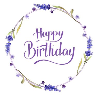 Suluboya mor lavanta çiçekleri. Botanik çiçek. Çerçeve kenarlığı süsleme Meydanı. Arka plan, doku, sarıcı desen, çerçeve veya kenarlık için Aquarelle kır çiçeği.