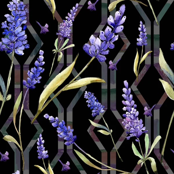 Watercolor purple lavender flowers. Floral botanical flower. Seamless background pattern. Fabric wallpaper print texture. Aquarelle wildflower for background, texture, wrapper pattern.