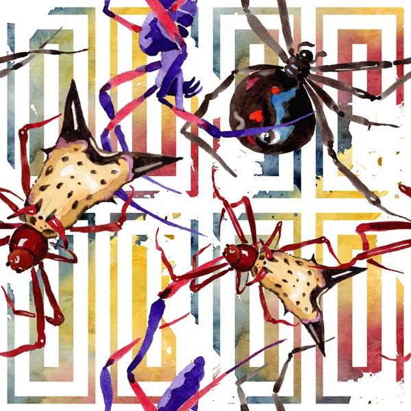 Exotiska Spindlar Vilda Insekt Akvarell Stil Sömlös Bakgrundsmönster Tyg Tapeter — Stockfoto