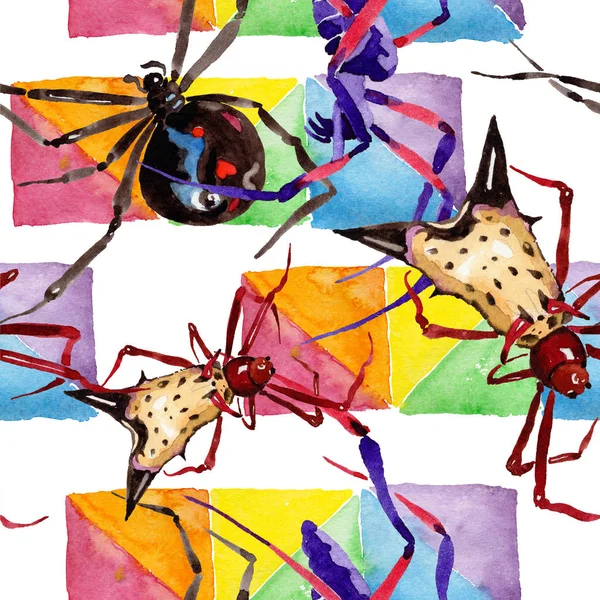 Egzotikus Pókok Vadon Élő Rovarok Akvarell Stílusú Varratmentes Háttérben Minta — Stock Fotó