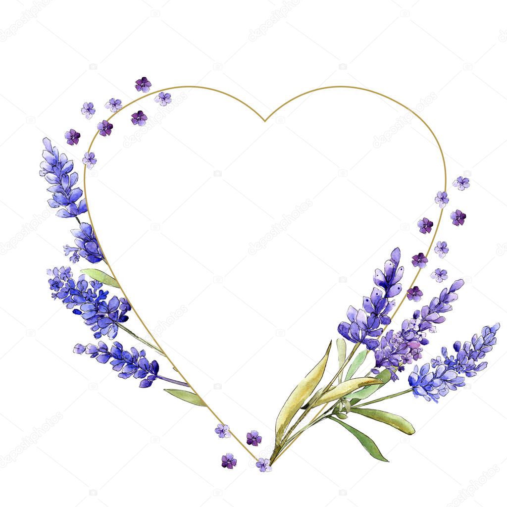 Watercolor purple lavender flowers. Floral botanical flower. Frame border ornament square. Aquarelle wildflower for background, texture, wrapper pattern, frame or border.