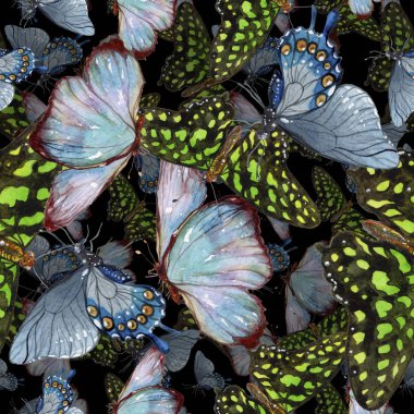 Egzotik kelebekler vahşi böcek suluboya tarzında. Sorunsuz arka plan deseni. Kumaş duvar kağıdı yazdırma doku. Aquarelle vahşi böcek arka plan, doku, sarıcı desen veya dövme için.