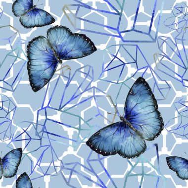 Egzotik kelebekler vahşi böcek suluboya tarzında. Sorunsuz arka plan deseni. Kumaş duvar kağıdı yazdırma doku. Aquarelle vahşi böcek arka plan, doku, sarıcı desen veya dövme için.