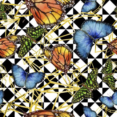 Egzotik kelebekler vahşi böcek suluboya tarzında. Sorunsuz arka plan deseni. Kumaş duvar kağıdı yazdırma doku. Aquarelle vahşi böcek arka plan, doku, sarıcı desen veya dövme için.