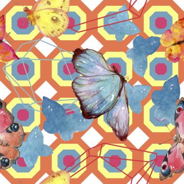 Egzotik kelebekler vahşi böcek suluboya tarzında. Sorunsuz arka plan deseni. Kumaş duvar kağıdı yazdırma doku. Aquarelle vahşi böcek arka plan, doku, sarıcı desen veya dövme için.