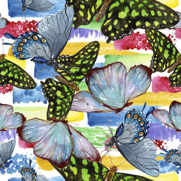 Exotic butterflies wild insect in a watercolor style. Seamless background pattern. Fabric wallpaper print texture. Aquarelle wild insect for background, texture, wrapper pattern or tattoo.