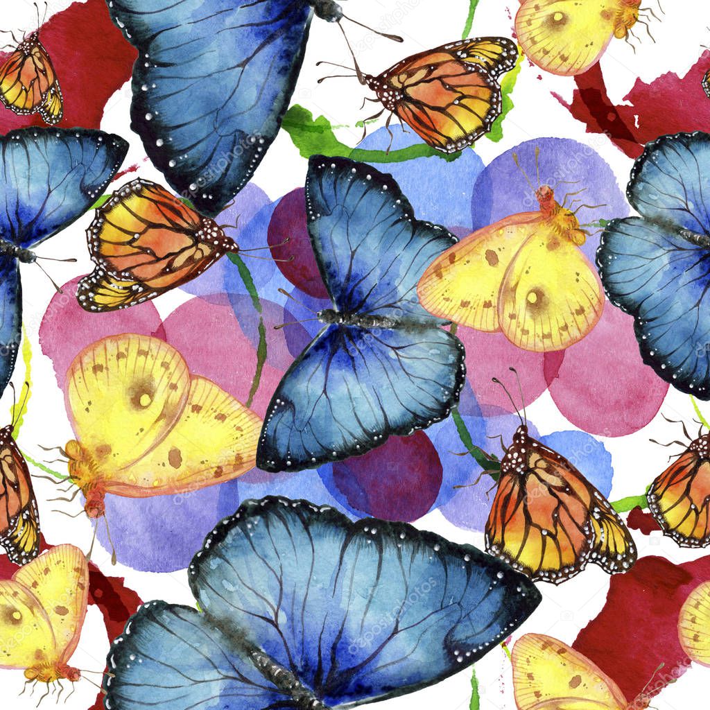 Exotic butterflies wild insect in a watercolor style. Seamless background pattern. Fabric wallpaper print texture. Aquarelle wild insect for background, texture, wrapper pattern or tattoo.