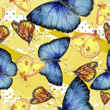 Egzotik kelebekler vahşi böcek suluboya tarzında. Sorunsuz arka plan deseni. Kumaş duvar kağıdı yazdırma doku. Aquarelle vahşi böcek arka plan, doku, sarıcı desen veya dövme için.