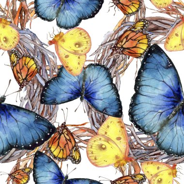 Egzotik kelebekler vahşi böcek suluboya tarzında. Sorunsuz arka plan deseni. Kumaş duvar kağıdı yazdırma doku. Aquarelle vahşi böcek arka plan, doku, sarıcı desen veya dövme için.