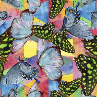 Egzotik kelebekler vahşi böcek suluboya tarzında. Sorunsuz arka plan deseni. Kumaş duvar kağıdı yazdırma doku. Aquarelle vahşi böcek arka plan, doku, sarıcı desen veya dövme için.