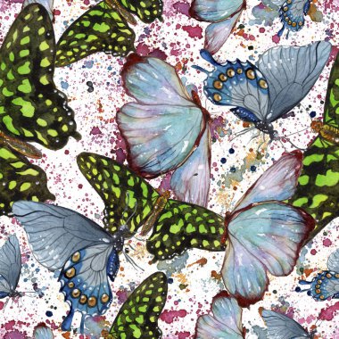 Egzotik kelebekler vahşi böcek suluboya tarzında. Sorunsuz arka plan deseni. Kumaş duvar kağıdı yazdırma doku. Aquarelle vahşi böcek arka plan, doku, sarıcı desen veya dövme için.