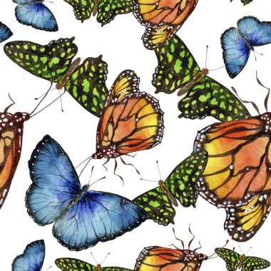 Egzotik kelebekler vahşi böcek suluboya tarzında. Sorunsuz arka plan deseni. Kumaş duvar kağıdı yazdırma doku. Aquarelle vahşi böcek arka plan, doku, sarıcı desen veya dövme için.