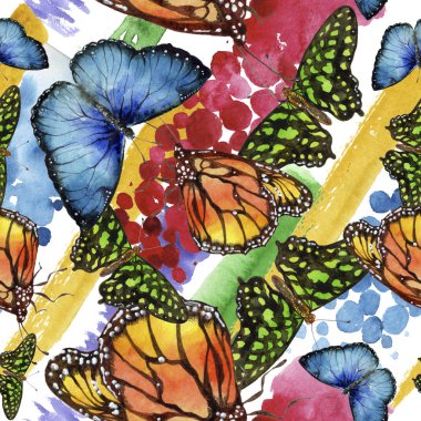 Egzotik kelebekler vahşi böcek suluboya tarzında. Sorunsuz arka plan deseni. Kumaş duvar kağıdı yazdırma doku. Aquarelle vahşi böcek arka plan, doku, sarıcı desen veya dövme için.